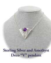Load image into Gallery viewer, Sterling Silver and Brazilian Amethyst Art Deco style V pendant
